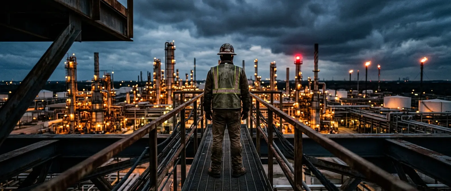 Texas industrial worker looking out over a Houston refinery at dusk